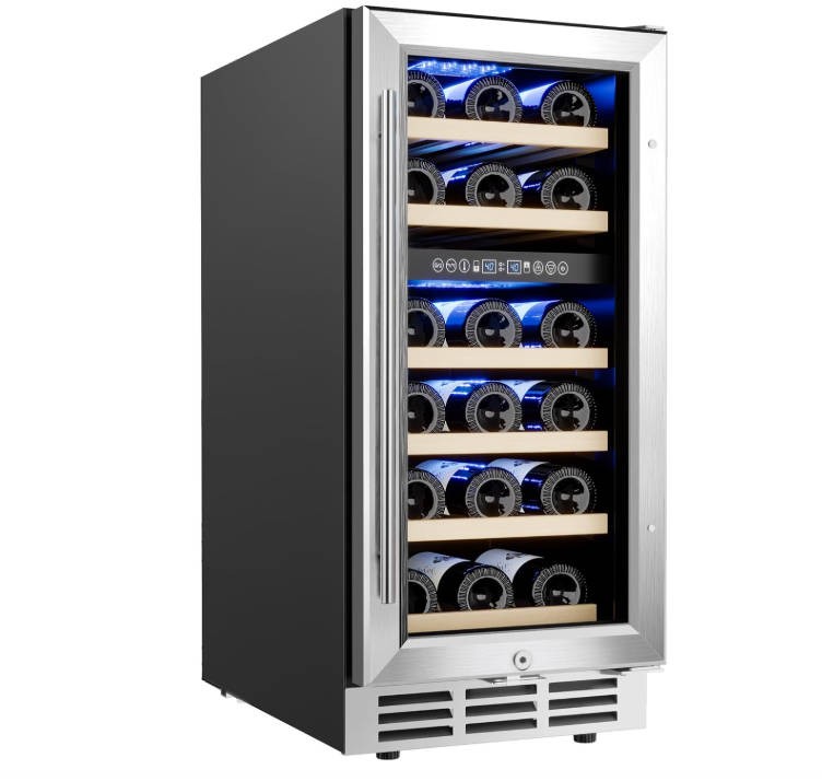 EUHOMY 15 Inch Wine Fridge, Dual Zone Wine Chiller with Digital Temperature Control, Wine Cooler Upgraded Compressor Fits Low Noise, Wine Storage with Double-Layer Glass Door, 33 Bottles.